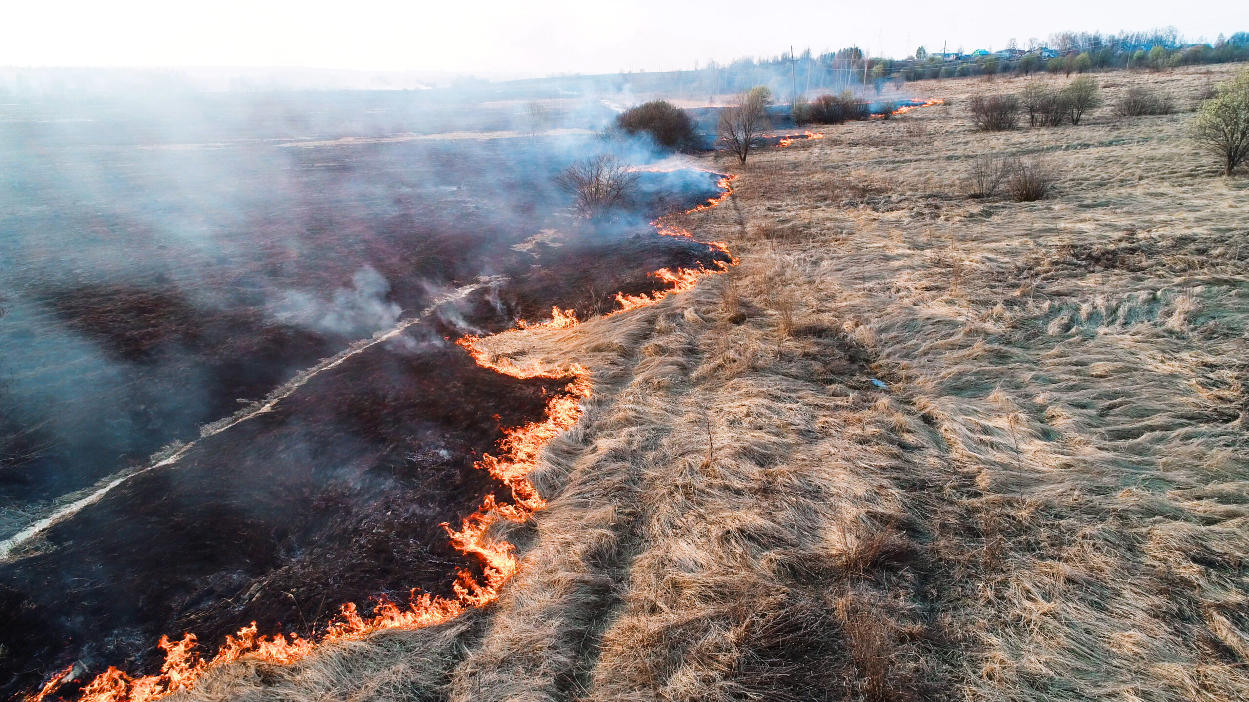 Aerial view of a wildfire spreading across the Texas Panhandle, with visible flames engulfing dry grassland and smoke billowing into the sky.