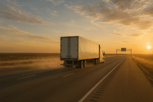 Semi-truck on I-40 in the Texas Panhandle driving through dust and crosswinds near Amarillo Title Attribute: Dangerous I-40 Crosswinds West of Amarillo