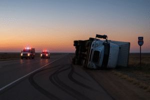 Overturned 18-wheeler on Texas highway at sunrise after semi truck accident