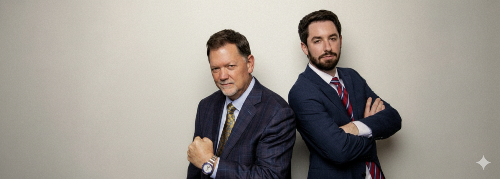 2 attorneys stand against wall, Personal Injury Attorney, Dean Boyd with a clinched fist.