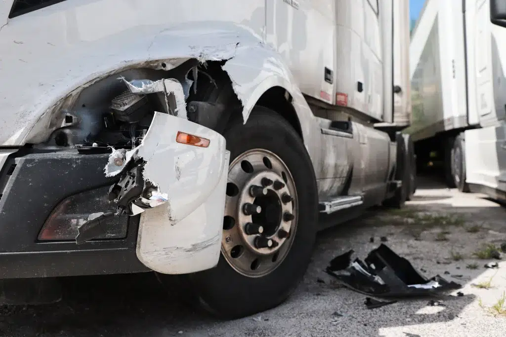 Front-end damage on an 18-wheeler shows the impact of a crash that prompted the victim to call a Lubbock truck accident lawyer.