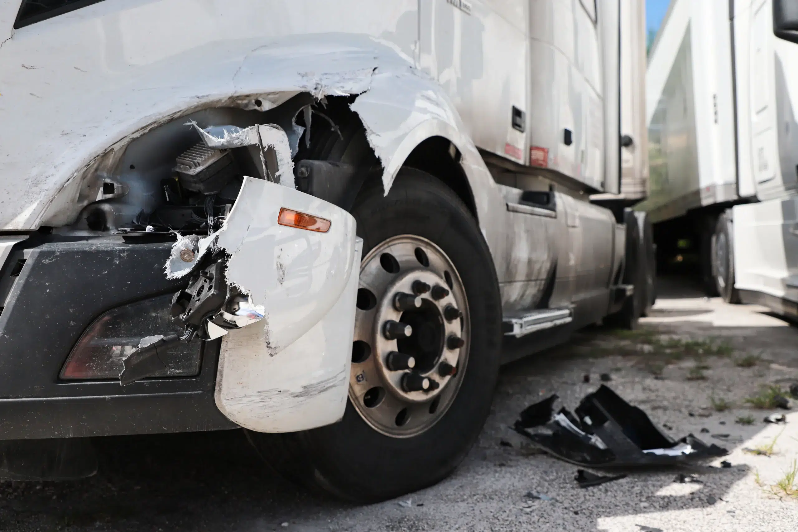 Front-end damage on an 18-wheeler shows the impact of a crash that prompted the victim to call a Lubbock truck accident lawyer.